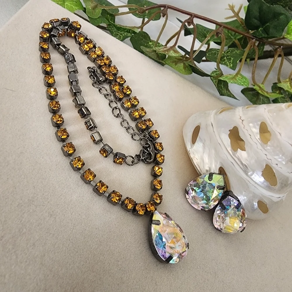 Silver Gunmetal Necklace with AB Crystal Teadrop and Matching Earrings Set